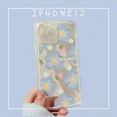 iPhone12Pro ケース ブルー 花柄 水色 春うねうね ウェーブ 可愛い