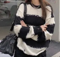 白黒ワイドストライプ ドロップショルダーセーター