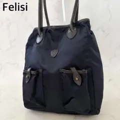 【美品】フェリージ　イタリア製　トートバッグ　肩掛け　ナイロン×レザー　ネイビーのサムネイル