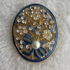 ブルー　ゴールド　カラー　パール　ブローチ　#1338