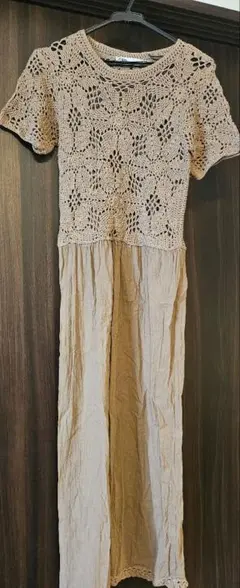 ベージュ レース編み ロングワンピース S