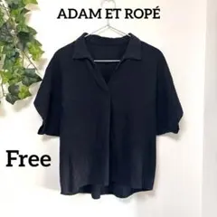 希少【アダムエロペ】麻 半袖スキッパーカットソー 柄染め ネイビー フリーサイズ