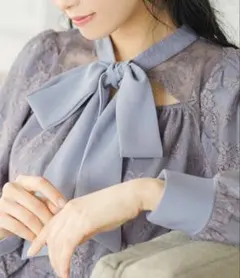 総レースリボンタイワンピース ブルーグレー