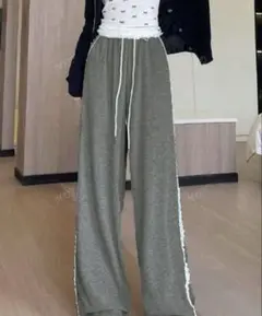 グレー サイドストライプ ワイドパンツ