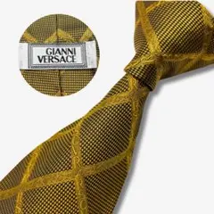GIANNI VERSACE シルクネクタイ ロゴグラム 格子柄 ゴールド
