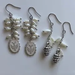 淡水パール、シェルのピアス　シルバーカラー　アレルギー対応　2ペアセット