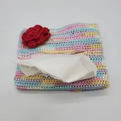ハンドメイド レース編み ポケットティッシュケース カラフル レッド 花柄 83