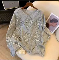 XL　オーバーサイズニット グレー ダイヤモンド模様