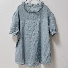 美品★ライトブルー 【フリー】半袖ブラウス フリル付き　お出かけ　おしゃれ