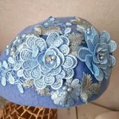 今季新作水色花柄刺繍綺麗なベレー帽春カラー