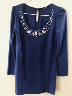 【最終値下げ】one way ネイビー ビジュー付きチュニック 五分袖