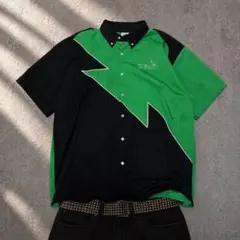 90s 00s y2k ボウリングシャツ レーシング 切替 XL グリーン