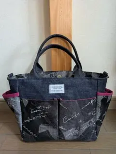 岡山デニム◆英字柄◆ポケット沢山トートバッグ◆ハンドメイド◆