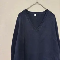 ユニクロ　コットンニットセーター(L)シンプルネイビー無地　Ｖネック