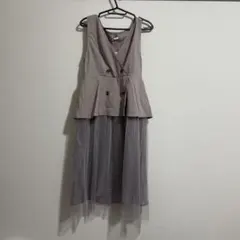 新品チュールワンピース ノースリーブ グレー ロング丈 重ね着風