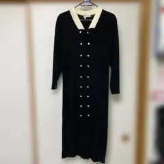 ブラックニットワンピース 長袖 アイボリー襟　Mサイズ