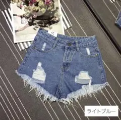 ライトブルー ダメージデニムショートパンツ