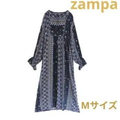 zampa ザンパ インド製 花柄ロングワンピース ネイビー 紺 M ゆったりのサムネイル