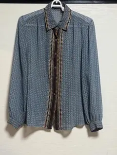 古着 青系柄 長袖シャツ ポリエステル100%