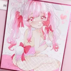 手描き オリジナル イラスト バニーガール 女の子 ピンクの髪 色紙