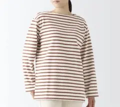 無印良品　太番手ボートネック長袖Tシャツ　ダークオレンジボーダー