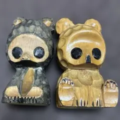 北海道の郷土民芸品「熊ボッコ」木彫り クマ 置物 ペア 2体セット 昭和