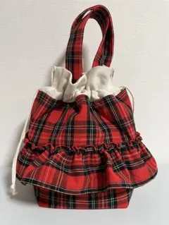 ハンドメイド　赤いタータンチェックの巾着トートバッグ