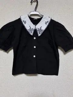 刺繍入りビッグカラー 半袖ブラウス ブラック