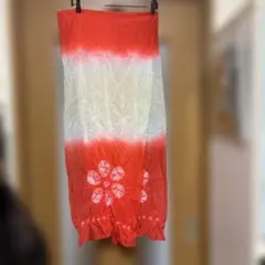 兵児帯 赤 ピンク　白花柄 絞り　帯