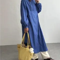 美品　ピンタック　シャツワンピ　ブルー　青色　ロング　長袖　ボリュームスリーブ