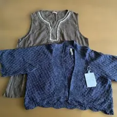 新品未使用透かし編み カーディガン ネイビー 7分袖 かぎ針編みＬ&ノースリーブ