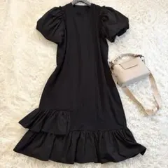 【完売品】神戸レタス M相当 アシメフリルワンピース 黒 パフスリーブ