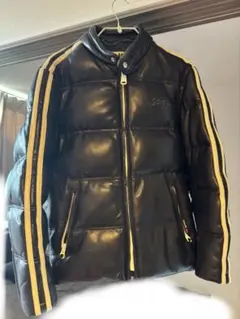 【美品】Schott ショット レザーダウンジャケット Lサイズ 黒×白ラインのサムネイル