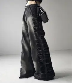 ブラック ワイドレッグデニムパンツ　y2k グランジ　平成