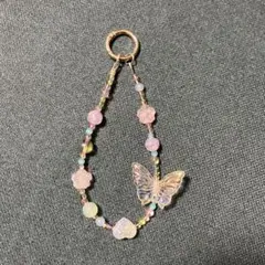 蝶と花のビーズ携帯ストラップ