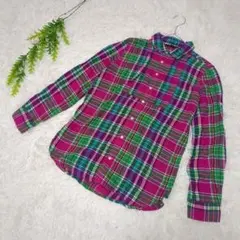 ポロラルフローレン【160】チェックシャツ XS相当 ピンク グリーン インド綿