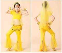 子供用ベリーダンスパンツ キッズインドダンス演出衣装黄色8点セット XL
