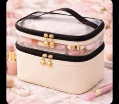 大容量2段メイクポーチコスメポーチ化粧ポーチ 透明収納 旅行用 持ち運び便利　白