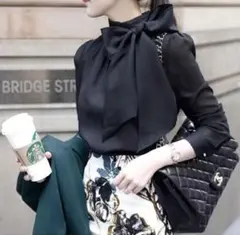 匿名配送 レディース ブラウス 大きなリボン ボウタイ ブラック Mサイズ