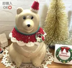 シロクマ貯金箱クリスマスお着替えセット サンタ帽子＆つけ襟(リース付き)手編み