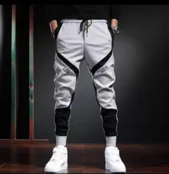 【残り2点】メンズ スウェット風 ジョガーパンツ テーパードスキニー グレー韓国