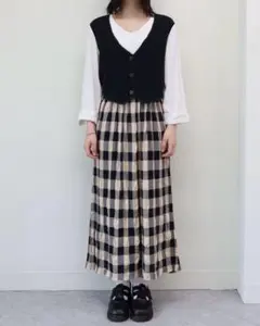 70s R&K レイヤード チェック 長袖ワンピース 古着 ヴィンテージ レトロ