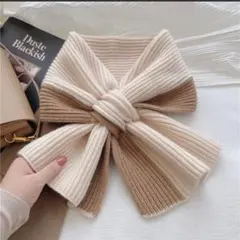 新品　リボン マフラー　ニット ネックウォーマー 防寒 バイカラー 韓国　冬