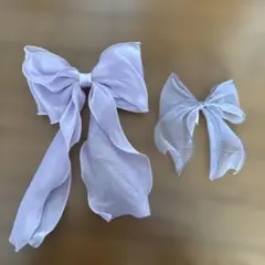 薄紫色リボンヘアアクセサリー バレッタとゴム隠し