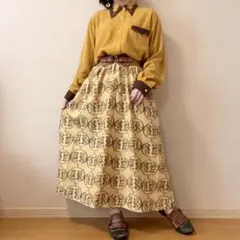 アソート柄 リボン付き 総柄ロングスカート 昭和レトロ クラシカル 黄土色 ゴム