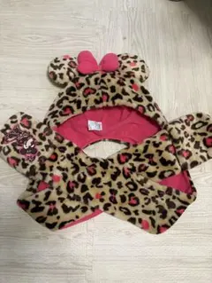 ミニーマウス ヒョウ柄 フード付きスカーフ マフラーキャップ