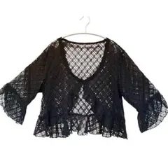 黒 レース編み カーディガン 半袖　袖フリル