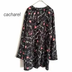 【美品】キャシャレル 花柄 Vネック チュニックブラウス 38 M 黒 羽織り