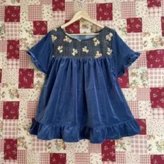 チュニック　くまちゃんシャツコールとくすみブルー起毛生地　ハンドメイド