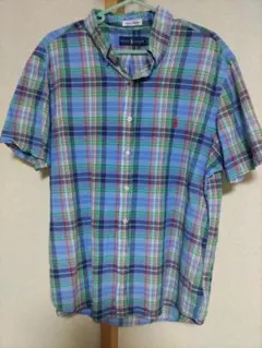 ◯RALPH LAUREN 半袖シャツ L　青系 チェック柄 ポロラルフローレン